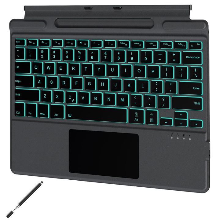Tastatura Wireless, SINBINTA, Cu touchpad si suport stylus pen, Unghi reglabil, Fund antiderapant, Stilou capacitive, Portabil, Conexiune bluetooth, Lumina fundal 7 culori, Pentru surface pro 8/9/x/10/11, ABS/PU, 13inch, Negru
