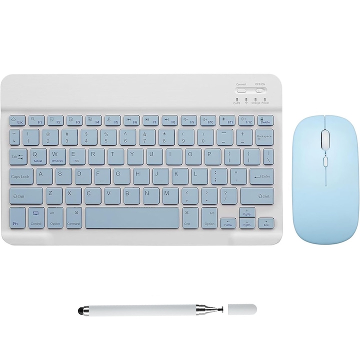 Tastatura Bluetooth, SINBINTA, Cu mouse si creion condensator, Ultraslim, Wireless, Cablu Type-C, Baterie Reincarcabila, Compatibil cu tablete si smartphone, Portabila, Windows, Mac, Android, iOS, ABS/Metal, 10inch, Albastru