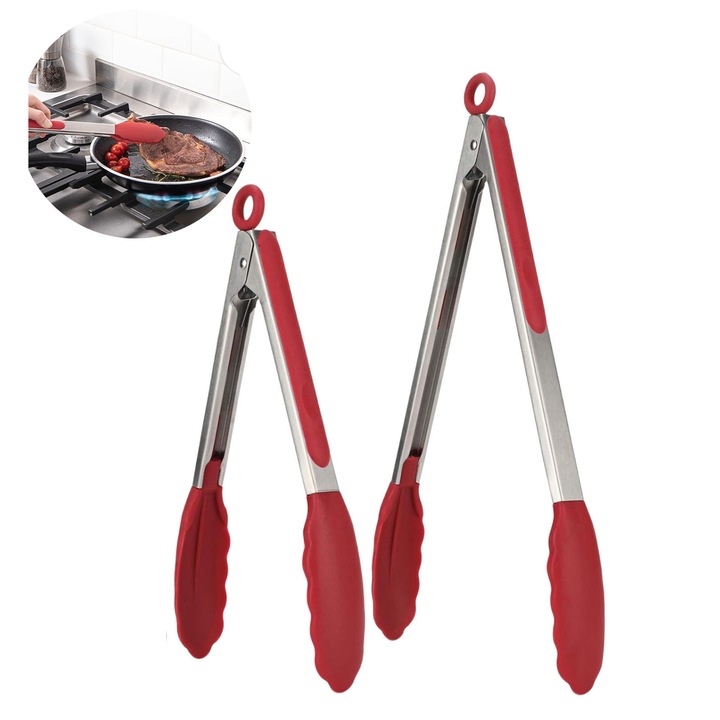 Cleste de bucatarie, SINBINTA, Set 2 Cleste Servire din Inox si Silicon, Antiderapant si rezistenta la temperaturi ridicate, Usor de curatat, Design ergonomic, Pentru gratar porumb, rasturnarea burgerilor, servirea salatei, 27.5cm/34cm, Rosu