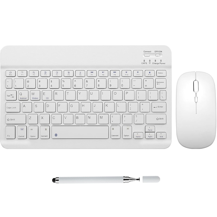 Tastatura Bluetooth, SINBINTA, Cu mouse si creion condensator, Ultraslim, Wireless, Cablu Type-C, Baterie Reincarcabila, Compatibil cu tablete si smartphone, Portabila, Windows, Mac, Android, iOS, ABS/Metal, 10inch, Alb