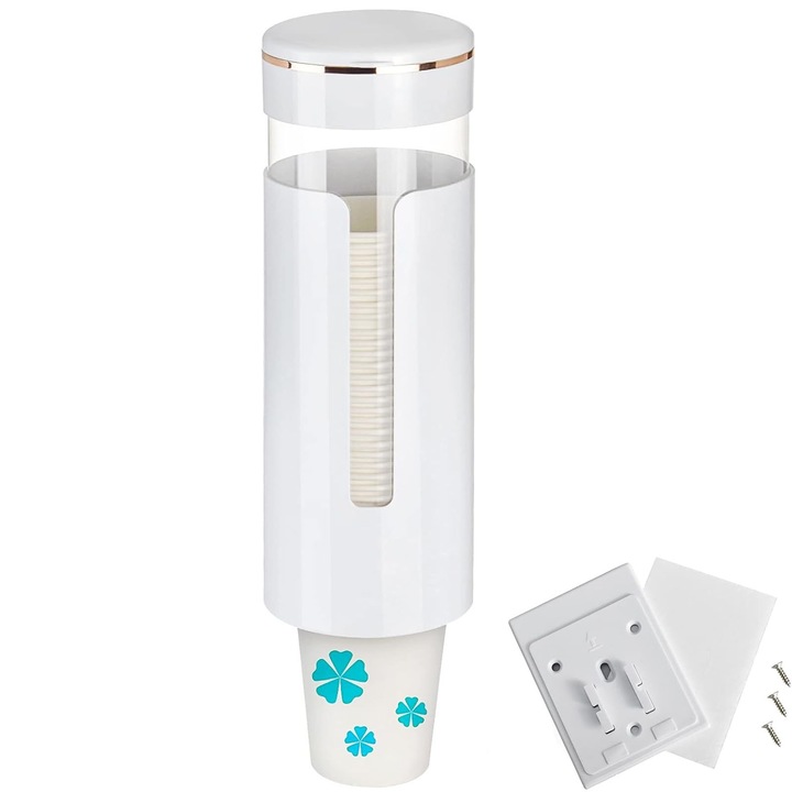 Suport Cesti, Dozator de Pahare de Unica Folosinta, Hggzeg, Cu carlige, Montare pe perete, Detasabil, Rezistent la praf, Usor de instalat, Compatibil cu un diametru maxim de 8 cm, ABS/PC, 9 x 9 x 23.5 cm, Alb
