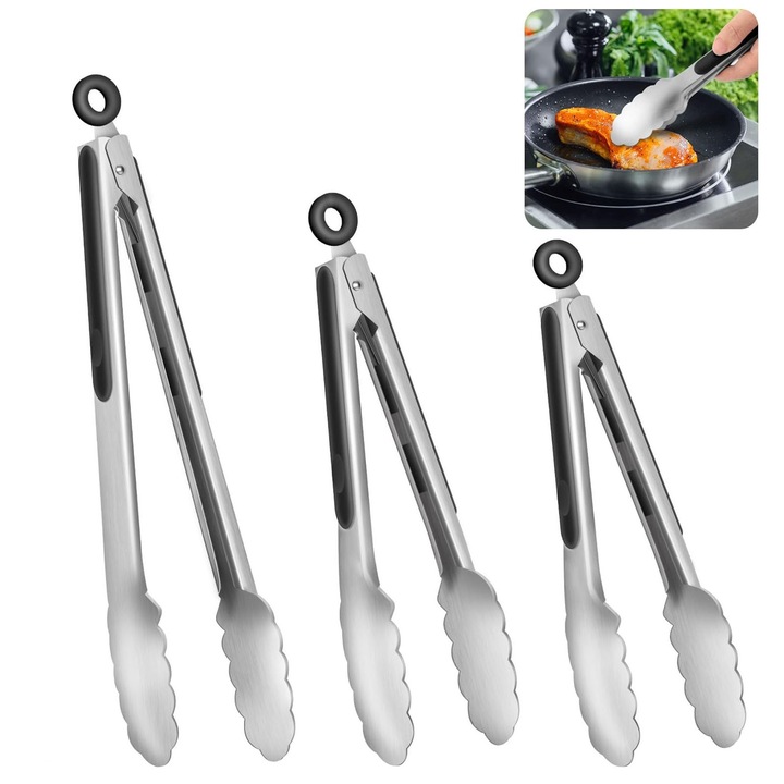 Cleste de bucatarie, SINBINTA, Set 3 Cleste Servire, Antiderapant si rezistenta la temperaturi ridicate, Cu agatatoare, Usor de curatat, Design ergonomic, Pentru mancare, salata si gratar, Otel Inoxidabil, 21.4cm/26.7cm/34.2cm, Negru