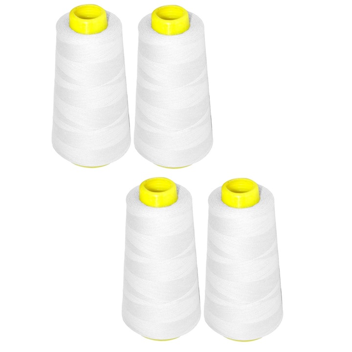 Комплект от 4 шевни конци, Hggzeg, 40/2, Дължина на ролката 2743 м, Меки на допир, Здрави и издръжливи, Не се свиват и не избледняват, Универсално красиви, За шевни машини, машини за бродиране, оверлок, 100% полиестер, Бял