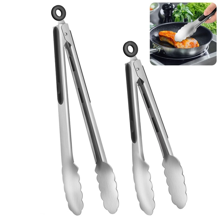 Cleste de bucatarie, SINBINTA, Set 2 Cleste Servire, Antiderapant si rezistenta la temperaturi ridicate, Cu agatatoare, Usor de curatat, Design ergonomic, Pentru mancare, salata si gratar, Otel Inoxidabil, 26.7cm/34.2cm, Negru