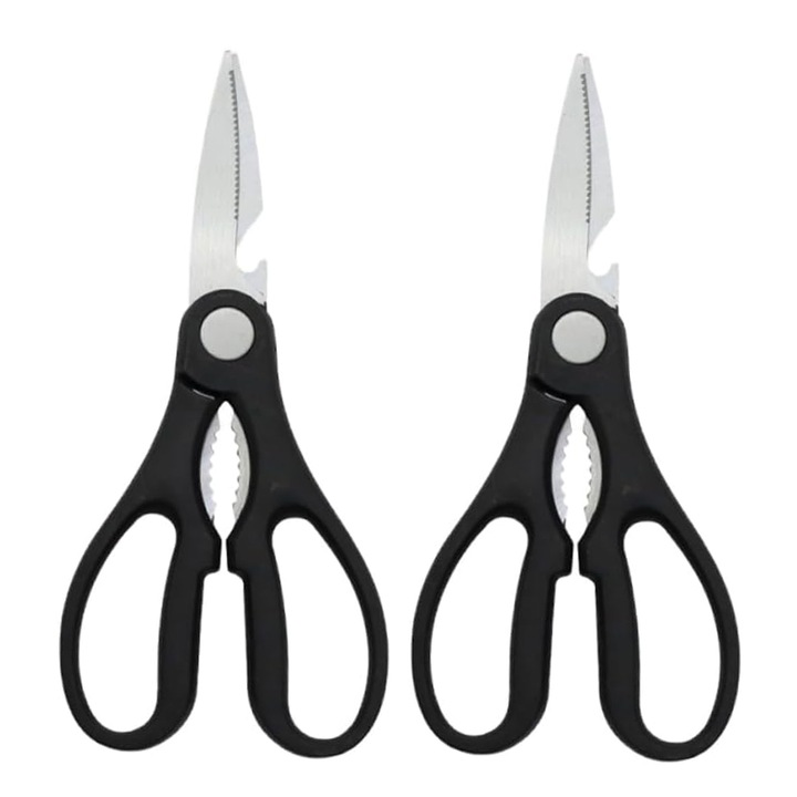 Set 2 Foarfeci de Bucatarie, SINBINTA, Lama zimtata, Accesoriu zdrobit nuci, Desfacator integrat, Maner ergonomic anti-alunecare, Usor de curatat, Nu usor deformat, Robusta si durabila, Pentru pasare, peste, carne, Inox, 19.7*8.5cm, Negru