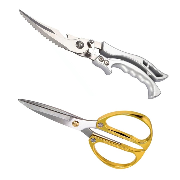 Foarfeci de Bucatarie, SINBINTA, 2buc, Lama zimtata, Desfacator integrat, Maner ergonomic anti-alunecare, Usor de curatat, Nu usor deformat, Robusta si durabila, Pentru pasare, peste, carne, Inox, 26*5.3/19*9cm, Argintiu/ Auriu