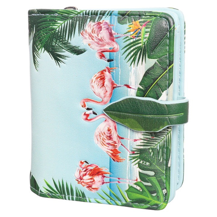 Portofel de dama, Shagwear, albastru, imprimeu flamingo, piele artificiala, 9,5 x 11,5 x 3 cm