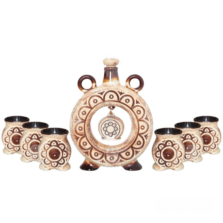 Куманиок керамичен комплект с шест чаши, бежово, кадифено