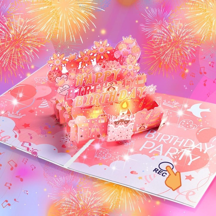Felicitare 3D pop-up, bibubibu®, Felicitare de ziua de nastere, Happy Bithday, Echipat cu functie de inregistrare, tort aniversar, efecte luminoase si muzicale, O lumanare care poate fi suflata, Cu plicuri si card, Pentru scrisoare de invitatie, 25x18.5cm
