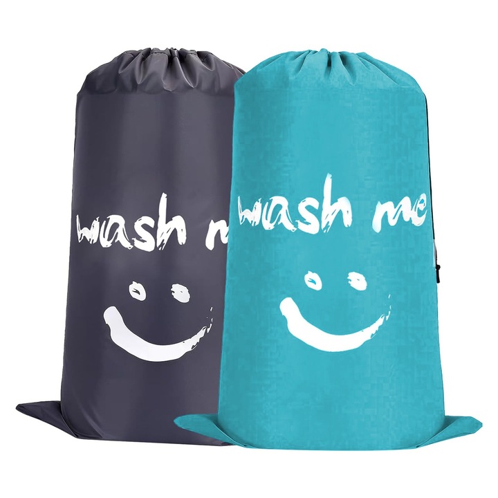 Set 2 Cos De Rufe, Axroad Mall, Pliabil, Cu franghie prelungit, Storage Large, Material rezistent, Portabil, Reutilizabile, Usor de depozitat, Pentru rufe murdare in dormitor si acasa, Oxford, 61x91cm, Albastru/Gri