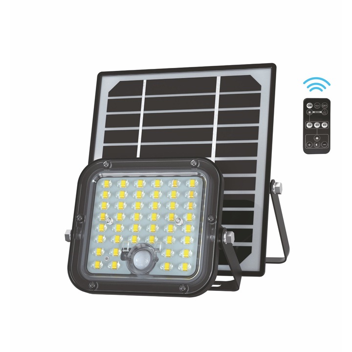 Proiector LED 30W 4800lm lumina naturala 4000K cu panou solar, cablu 5 metri, telecomanda si senzor de miscare, acoperire 100-150m²