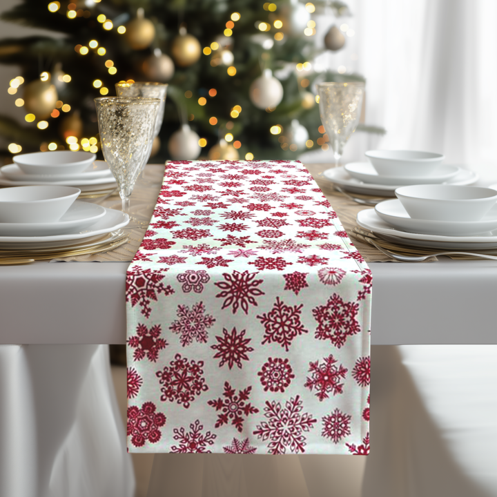 Traversa de masa eleganta 180x40cm, din bumbac impermiabil, fata de masa imprimeu Fulgi de zapada 3D, Salestore.ro® Rezistenta la pete si murdarie