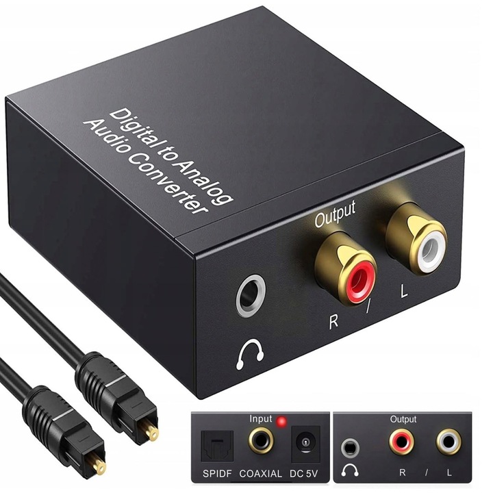 Convertor audio digital la analog, Digital SPDIF Coaxial /Toslink Optical Convert to RCA L/R 3.5 mm Jack Audio Adapter for PS4 HD DVD Home Cinema with Fibre Cablu, Negru