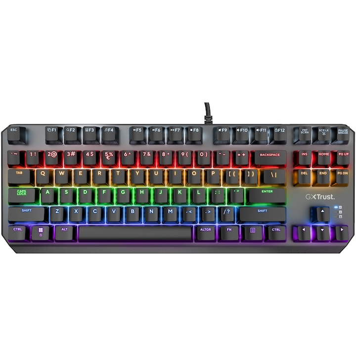 Клавиатура Gaming TKL Trust GXT834 CALLAZ, Механична, Дъгово осветление, Switch Red Outemu, Кабел 1.8 м, Черен
