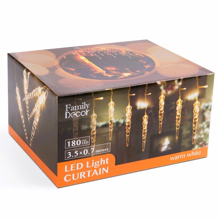 Cortina luminoasa cu LED-uri si stelute de gheata - 3,5 x 0,7 m - 180 LED-uri alb cald - IP44