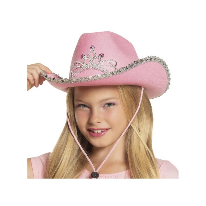 Palarie cowboy roz cu pietre aurii pentru fete (cowgirl)