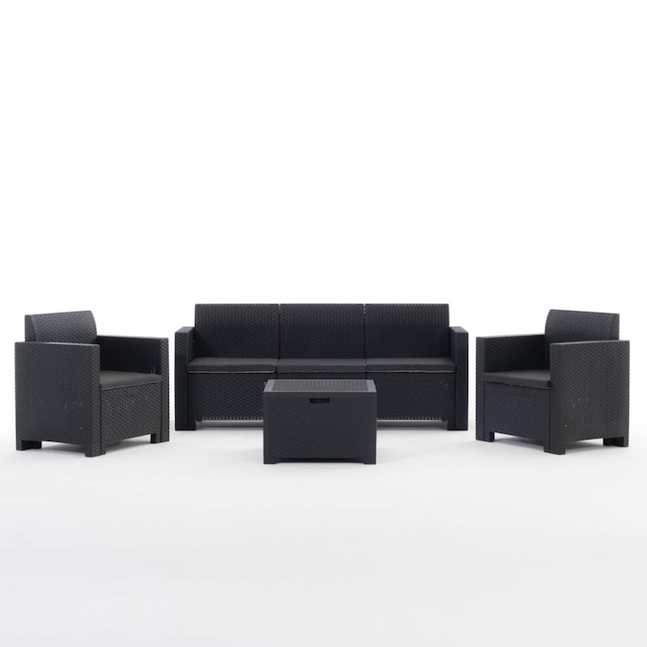 Комплект, Градина / Тераса, маса 61, 5x61, 5x37 см, диван 188x57, 5x79 см, и 2 стола 75x57, 5x79 см, SALINA 3, рататан, антрацит, полипропилен, с включени възглавници, 5 места