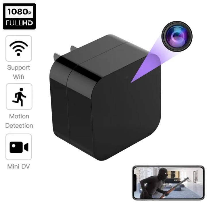 Camera Spion WiFi, USBW-IR Ascunsa in Incarcator USB Universal, Full HD, Inregistrare Audio-Video, Vedere Nocturna, Activare la Miscare, Slot Card si Aplicatie Live