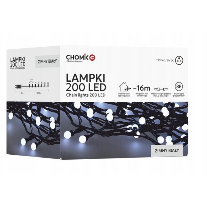 Lumini LED Extralink 200L, forma de bile, alb rece, lungime 3 + 16 m, pentru interior/exterior, consum redus, instalare usoara, ideal pentru decorare festiva, iluminare ambientala si evenimente speciale