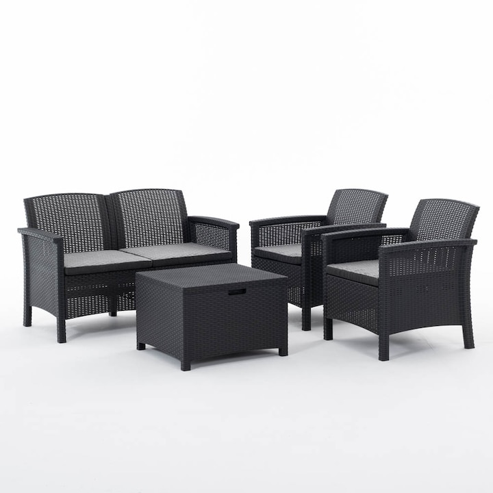 Kerti / terasz garnitúra multifunkcionális asztal 60x54x41 cm, kanapé 117x64x75 cm, és 2 szék 63, 5x64x75 cm, TROPEA, Rattatan, Antracit, polipropilén, párnákkal, 4 ülőhely