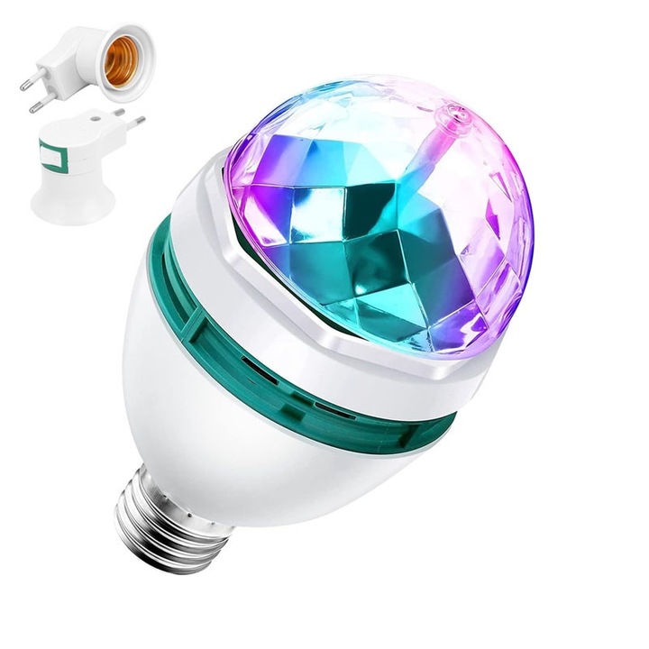 NEXTLY LED крушка, въртяща се, RGB, съвместима с цокъл E27, амбиентно осветление, автоматично завъртане, включен щепсел с цокъл E27, 3W, бяло-зелен