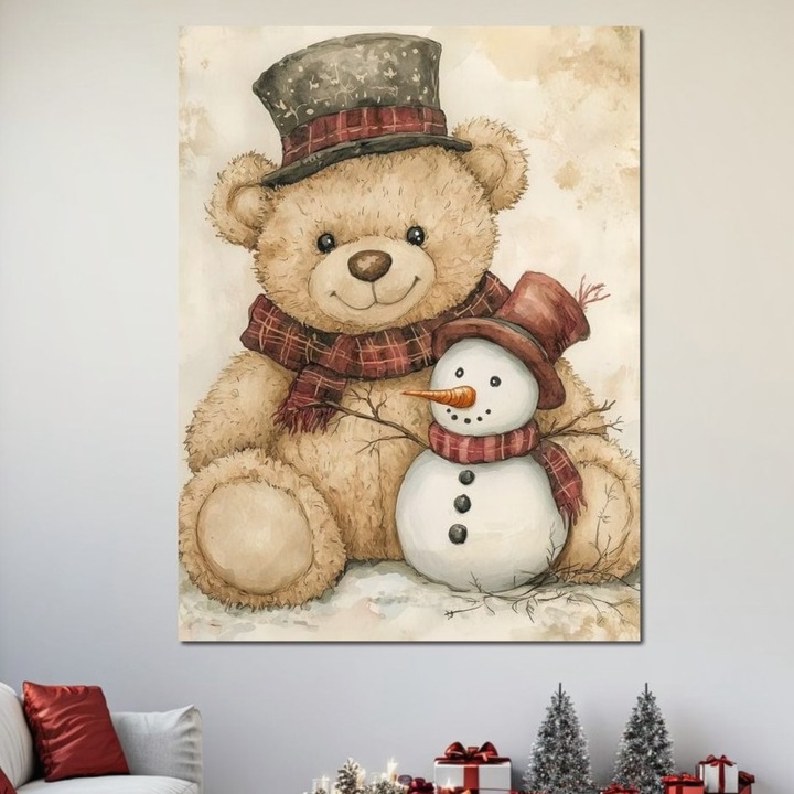Премиум картина върху платно, LuxCanva® D1030, Добри приятели, 100 X 135 см, 100% памучно платно 400 г/м2, дървена рамка, плюшено мече, плюш, снежен човек, приятелство, прегръдка, хол, ярки цветове