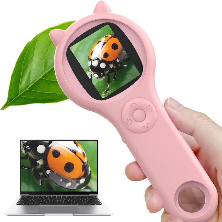 Microscop pentru Copii Educational, Portabil, Zoom 500x, Camera 2 MP, Lentila Macro, Display HD IPS 2 Inch, 8 LED-uri, Slot Card MicroSD, Functii Foto si Video, Compatibil PC, Reincarcabil, Lupa, Ideal pentru Explorare, Roz