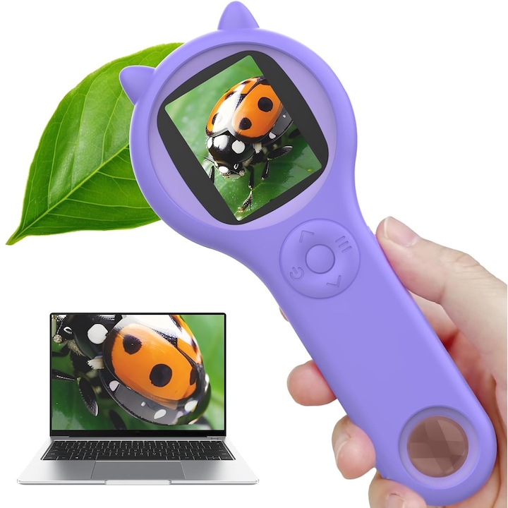 Microscop pentru Copii Educational, Portabil, Zoom 500x, Camera 2 MP, Lentila Macro, Display HD IPS 2 Inch, 8 LED-uri, Slot Card MicroSD, Functii Foto si Video, Compatibil PC, Reincarcabil, Lupa, Ideal pentru Explorare, Mov