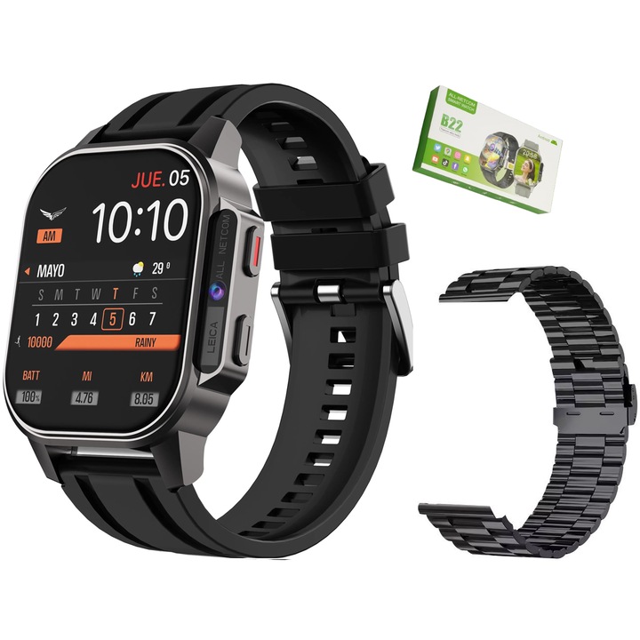 Okosóra BSG EasySIM®, AMOLED képernyő 2,13 hüvelykes, Kamera, SOS gomb, Android 8.1, GPS, 4G hívás, Iránytű, EMAIL, Videohívás, Erőteljes akkumulátor 900 mAh, Pulzusszám, SpO2, Mágneses töltés, Négymagos processzor, Fekete karkötő szilíciumból és fémből