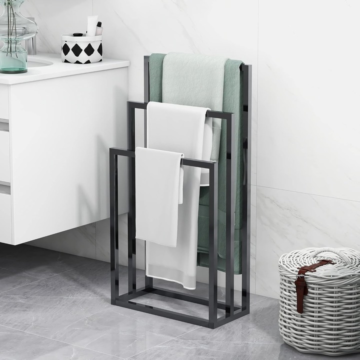 Suport Pentru Prosoape, Bedee®, 86*44*21cm, Trei Bare Pentru Uscare, Fabricat Din Metal Vopsit Electrostatic, Circulatie a aerului de inalta eficienta, picioare reglabile si dispozitiv anti-inclinare, include accesorii de instalare si instructiuni, Negru