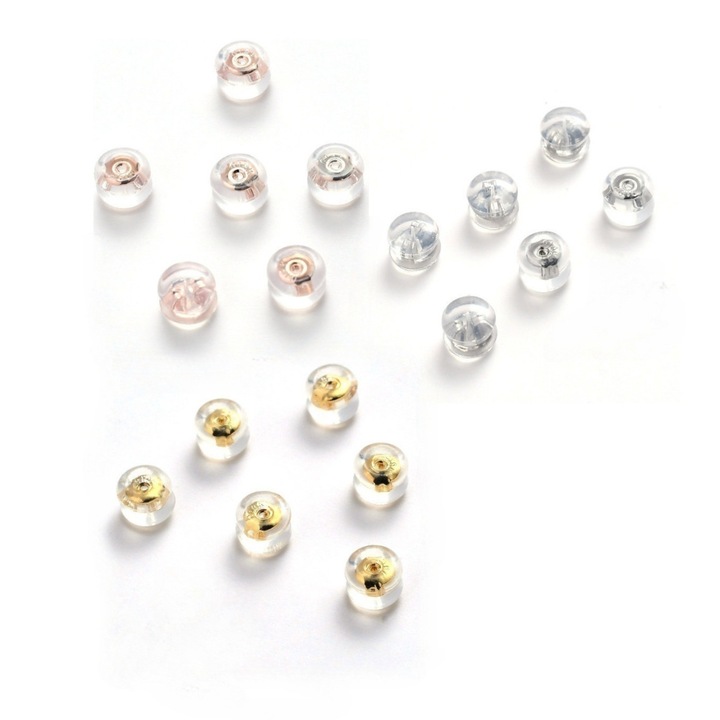 Omelivon® Set 18 dopuri pentru cercei din silicon hipoalergenic, S925 argintiu/auriu rose/aurie, forma hamburger