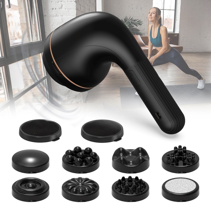 Професионален антицелулитен масажор, SHIJOOE®, безжичен, с 8 масажни глави, с 2 подложки, оформящ тялото, за релаксация на мускулите, 5 режима на масаж, 6 нива на интензивност, за врат, гръб, рамене, крака, корем, Ultra Silent, черен