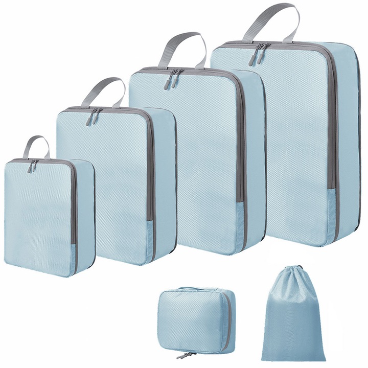 Set 6 Cuburi de Compresie pentru Bagaje, Accesorii de Calatorie, 4 Cuburi, 1 Sac pentru Incaltaminte, 1 Sac pentru Toaleta, Albastru