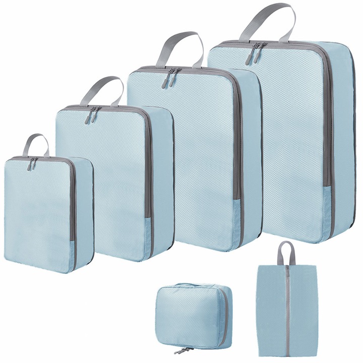 Set 6 Cuburi de Compresie pentru Bagaje, Accesorii de Calatorie, 4 Cuburi, 1 Sac pentru Incaltaminte, 1 Sac pentru Toaleta, Albastru