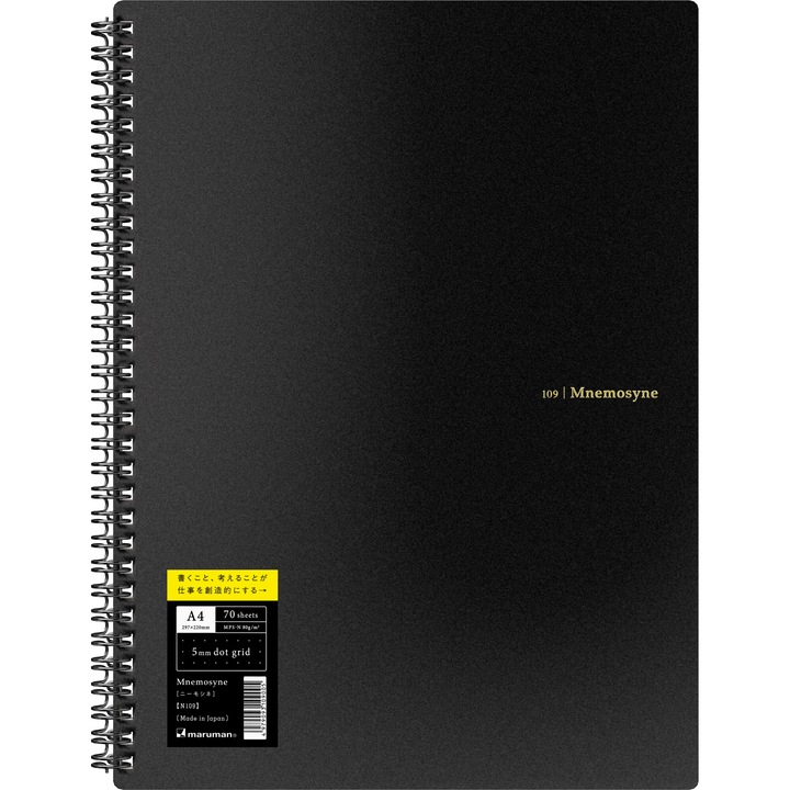 Caiet cu Spirala A4 Maruman Mnemosyne 109 Black - White Dot Grid 5 mm - 140 pagini, 80g/mp