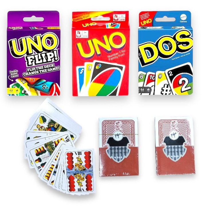 Társasjáték szett UNO, UNO Flip, DOS + 2 készlet magyar kártya