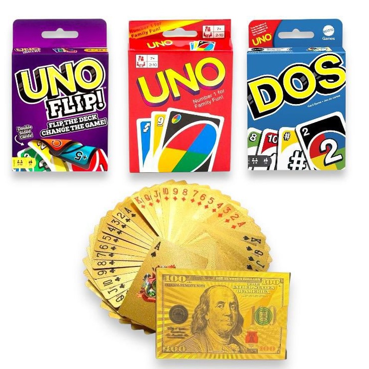 Társasjáték készlet UNO, UNO Flip, DOS + játékkártya készlet, műanyagból, Modell - Arany bankjegyek
