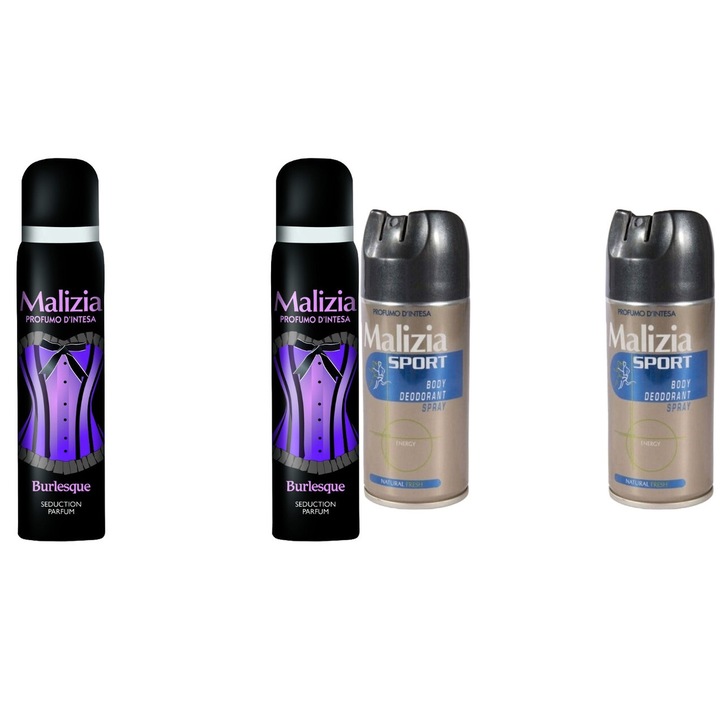 Комплект 4 x Malizia Variety, 2 x Дезодорант 100 ml Burlesque, 2 x Дезодорант 150 ml Men Sport Fresh, All Day Fresh, Приятен парфюм, Предотвратява раздразненията, Интензивен свеж аромат, Анти-бели петна, ободряващ, дълготрайна свежест, 48 часа защита