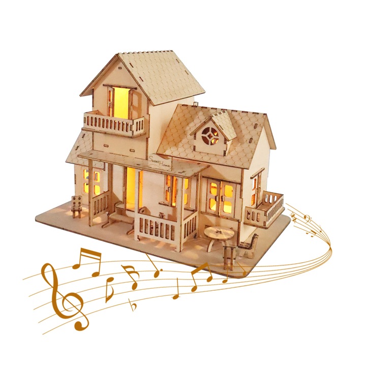 3D Wooden Puzzle Music Park, Casa Sweet Home, 126 db, zenével és LED lámpákkal, 21x14x17,5cm
