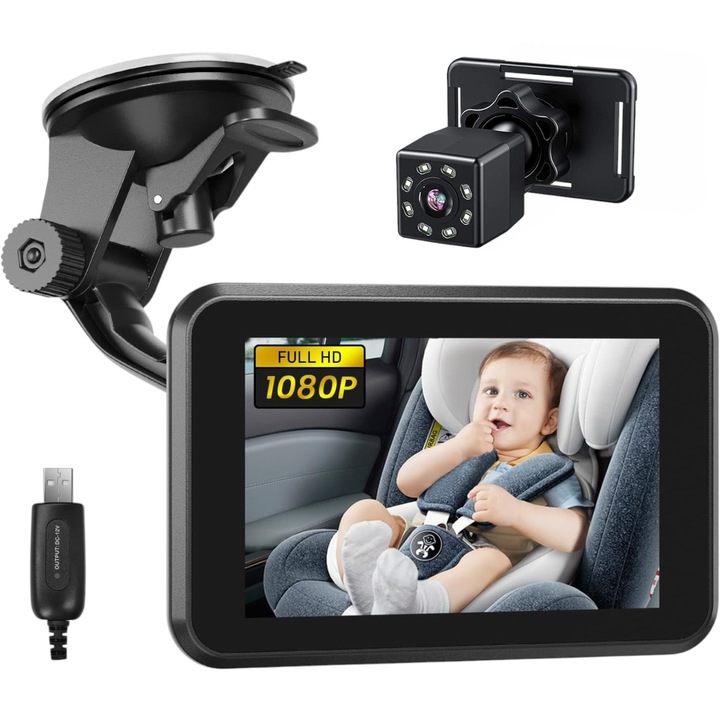 Monitor Video Auto Bebelusi si Copii LONDEMM, Full HD 1080P, Ecran IPS 4.3 inch, Unghi Larg 150°, Vedere Nocturna, Reglabil, Incarcare Bricheta, Negru