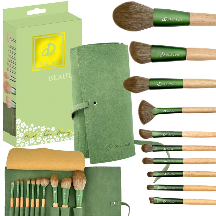 Pensule profesionale pentru machiajul de zi, de seara sau de ocazie, cu maner din lemn ideal pentru utilizarea in aplicarea cu precizie a produselor de make-up, Set premium de 10 accesori de machiaj inclus, Verde, Gold Dust