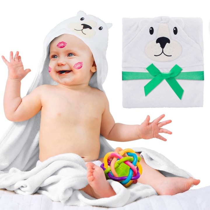 Prosop de baie cu gluga pentru bebelusi, bambus super absorbant, hipoalergenic, tip halat, moale si pufos cu capison pentru copii, model ursulet, 105x105cm, cadou Ideal, alb