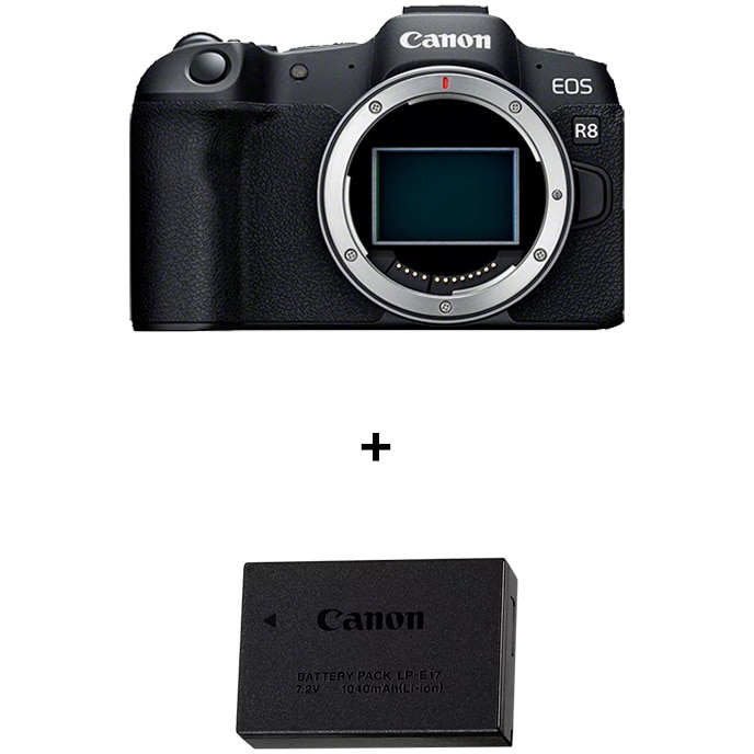 Aparat foto Mirrorless Canon EOS R8, 24MP, 4K, Body, Full Frame, Negru + Acumulator Canon LP-E17