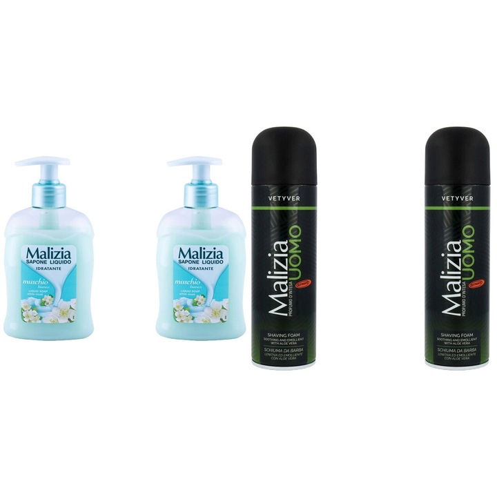 Комплект 4 x Malizia Variety, 2 x Течен сапун 300 ml Muschio Bianco, 2 x Пяна за бръснене 300 ml Vetyver, Свеж през целия ден, Приятен парфюм, Предотвратява раздразнения, Интензивен свеж аромат, Анти-бели петна, дълготрайна свежест, 48 часа защита