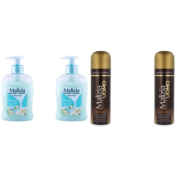 Комплект 4 x Malizia Variety, 2 x Течен сапун 300 ml Muschio Bianco, 2 x Shaved Foam 300 ml Argan, Свеж през целия ден, Приятен парфюм, Предотвратява раздразненията, Интензивен свеж аромат, Анти-бели петна, ободряващ, дълготрайна свежест, 48 часа защита