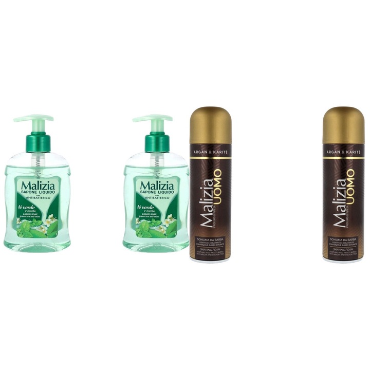 Комплект 4 x Malizia Variety, 2 x течен сапун 300 ml зелен чай, 2 x бръсната пяна 300 ml арган, свеж през целия ден, приятен парфюм, предотвратява раздразненията, интензивен свеж аромат, против бели петна, ободряващ, дълготрайна свежест, 48 часа защита