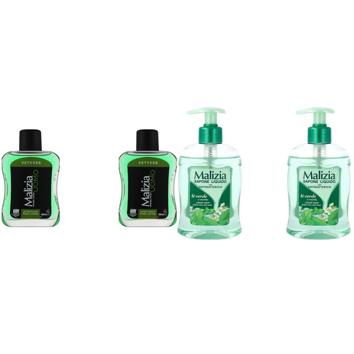 Комплект 4 x Malizia Variety, 2 x След бръснене 100 ml Vetyver, 2 x Течен сапун 300 ml Green Tea, свеж през целия ден, приятен парфюм, предотвратява раздразненията, интензивен свеж аромат, против бели петна, ободряващ, дълготрайна свежест, 48 часа защита