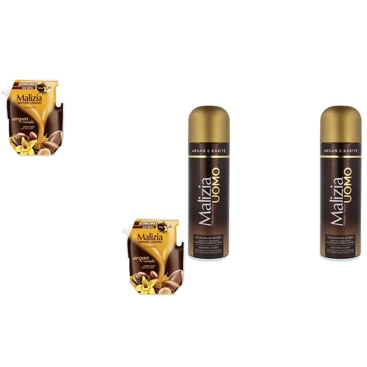Комплект 4 x Malizia Variety, 2 x Резервен течен сапун 1 l Argan, 2 x Shaped Foam 300 ml Argan, Свеж през целия ден, Приятен парфюм, Предотвратява раздразнения, Интензивен свеж аромат, Анти-бели петна, ободряващ, дълготрайна свежест, 48 часа защита