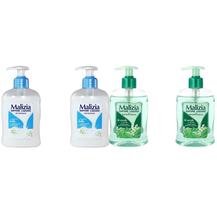 Комплект 4 x Malizia Variety, 2 x Течен сапун 300 ml Latte, 2 x Течен сапун 300 ml Green Tea, Свеж през целия ден, Приятен парфюм, Предотвратява раздразненията, Интензивен свеж аромат, Анти-бели петна, ободряващ, дълготрайна свежест, 48 часа защита