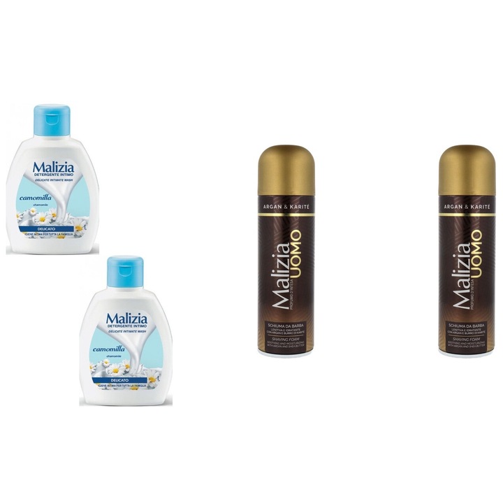 Комплект 4 x Malizia Variety, 2 x Интимен течен сапун 200 ml Лайка, 2 x Бръсната пяна 300 ml Argan, Свеж през целия ден, Приятен парфюм, Предотвратява раздразнения, Интензивен свеж аромат, Анти-бели петна, ободряващ, дълготрайна свежест, 48 часа защита